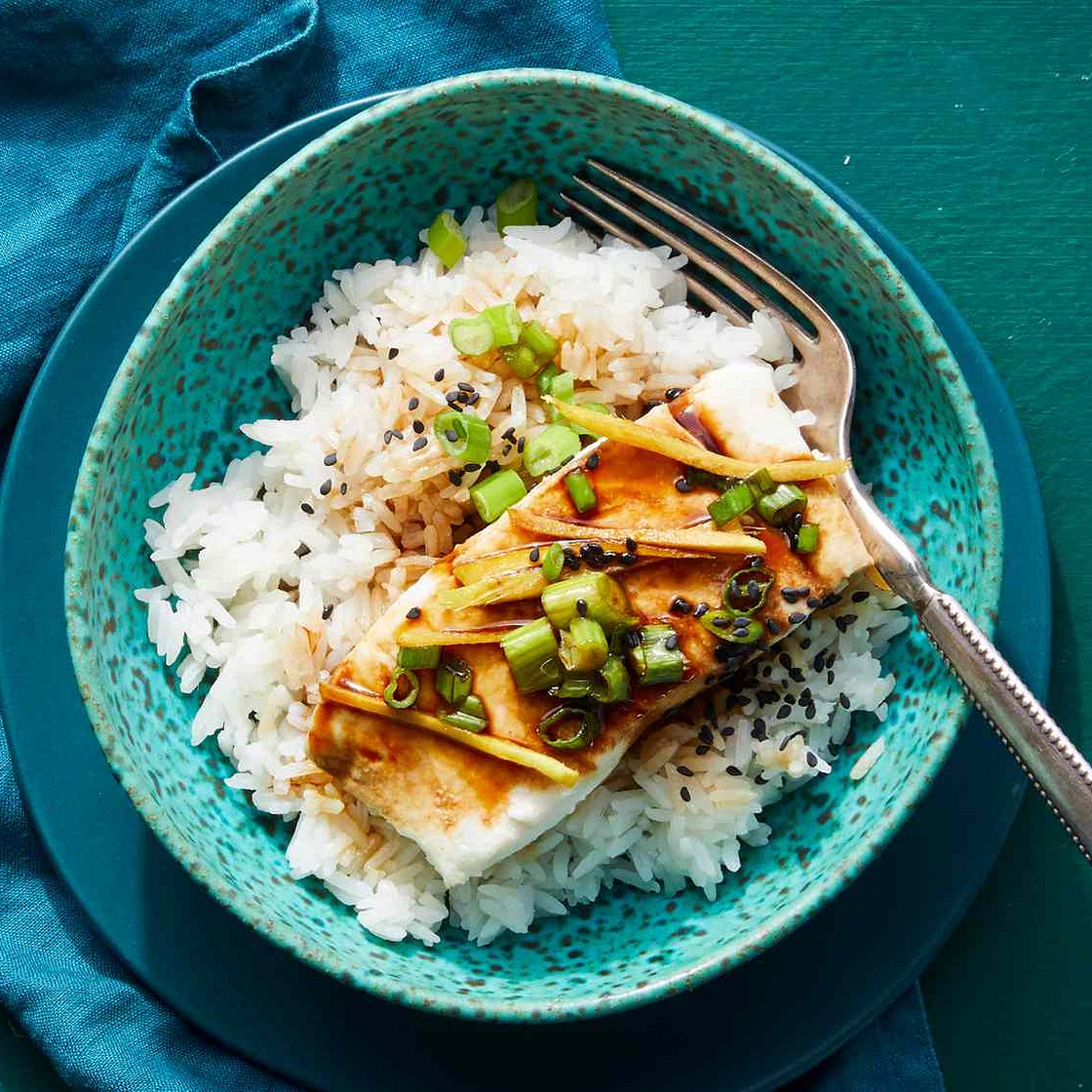 Steamed Fish with Ginger, Soy and Sesame, Coconut Rice and Vegetables