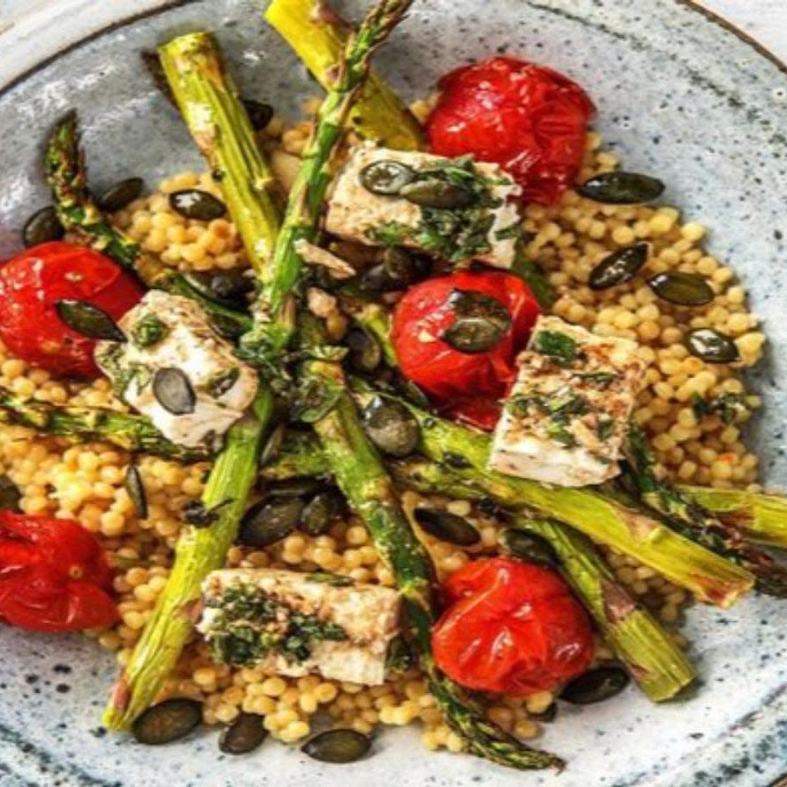 Herby Asparagus and Tomato Bake with Israeli Couscous, Oregano and Feta