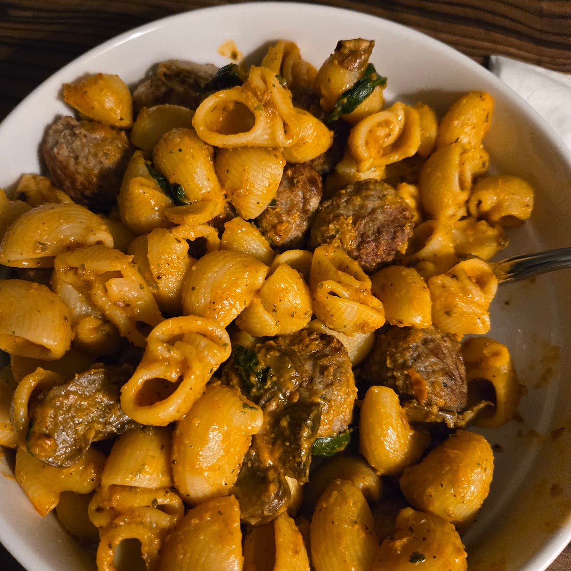 Pasta with mushroom spinach meatballs and marinara sauce