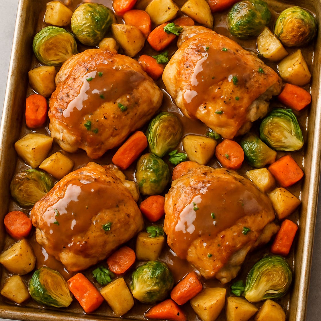 Savoury Sheet Pan Chicken with Roasted Veg and Pan Gravy