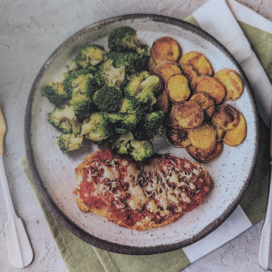 Baked Chicken Parmesan with Crispy Potatoes and Garlicky Broccoli