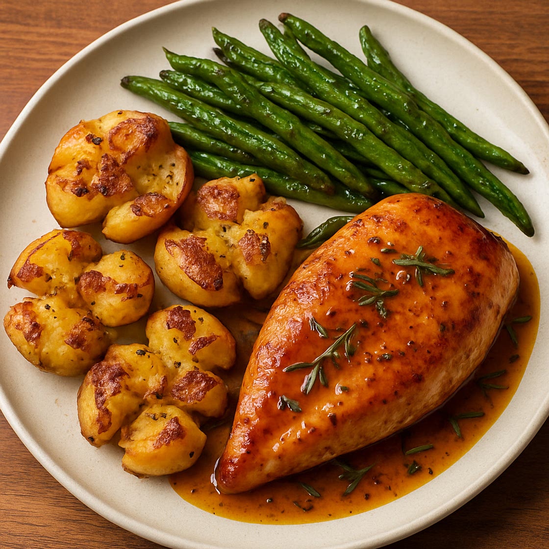 Pan-Seared Chicken with Smashed Potatoes, Roasted Green Beans, and Rosemary Pan Sauce
