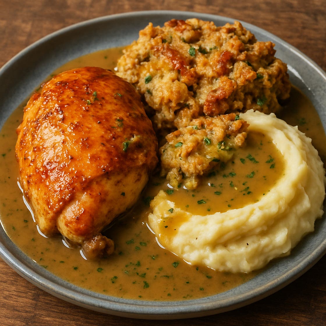 Crispy Skinned Chicken and Stuffing with Herb Gravy and Creamy Mash