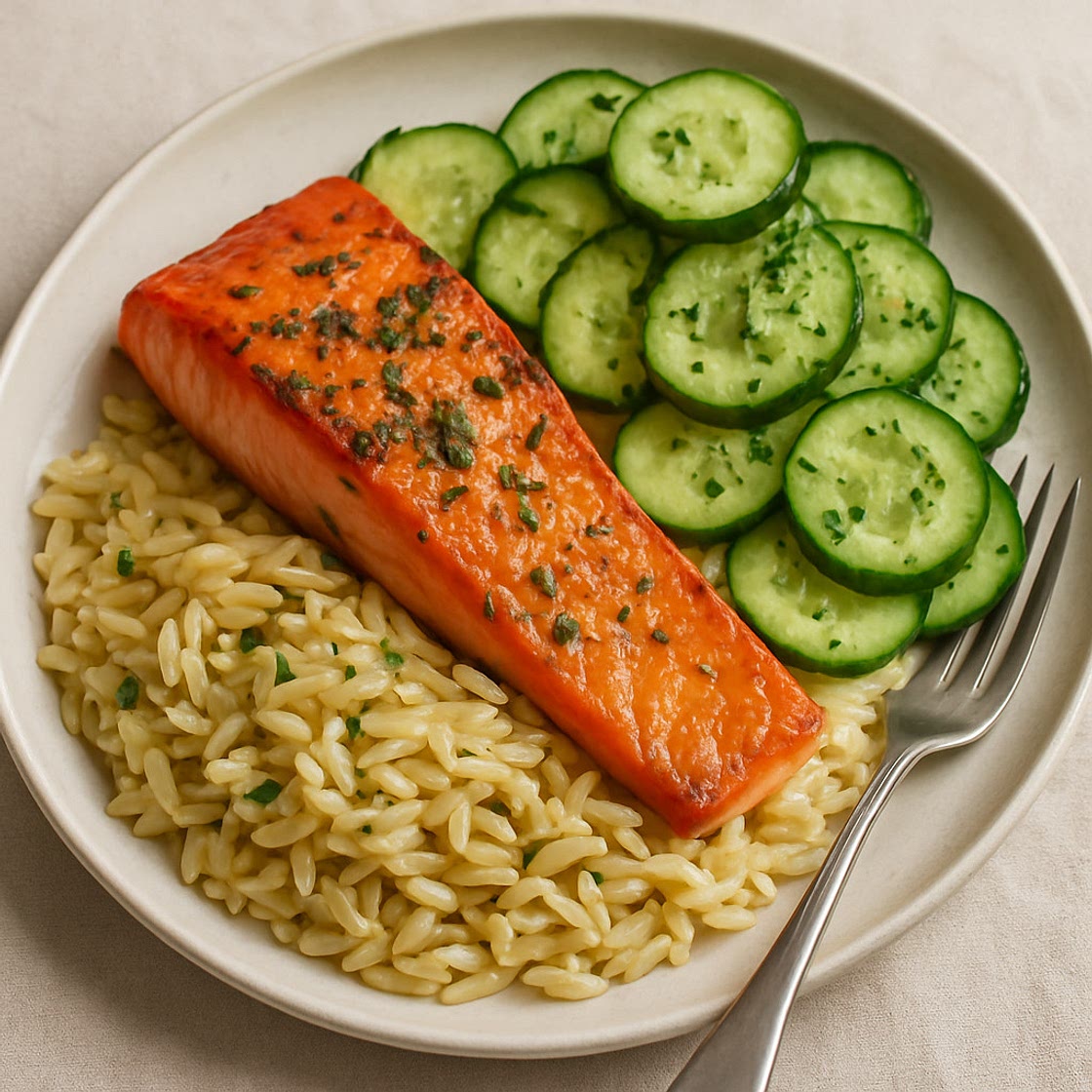 Salmon Orzo with Marinated Cucumbers