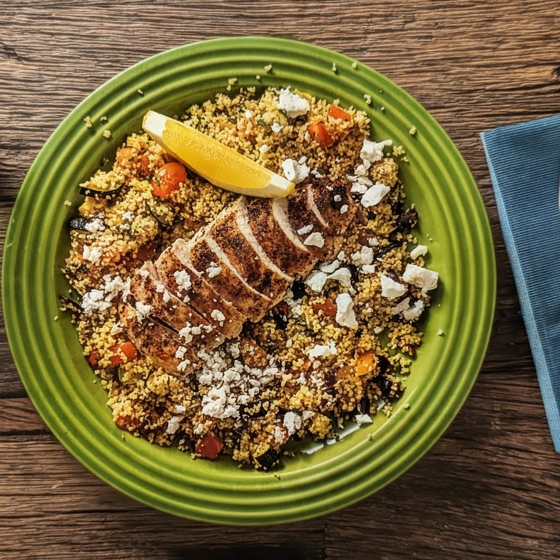 Greek Lemon Chicken with Herby Couscous, Roasted Veggies and Feta