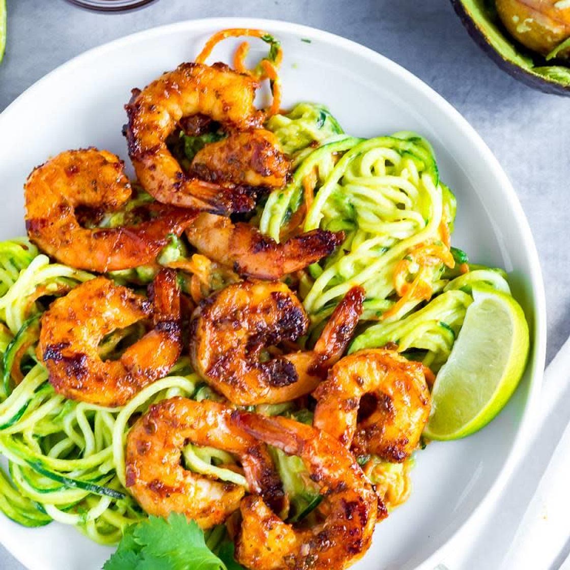 Avocado and Cilantro Green Sauce Pasta with Grilled Shrimp
