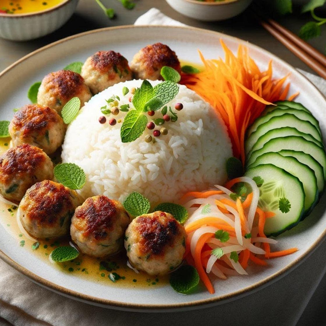 Ginger-Lemongrass Chicken Meatballs with Aromatic Herb Rice