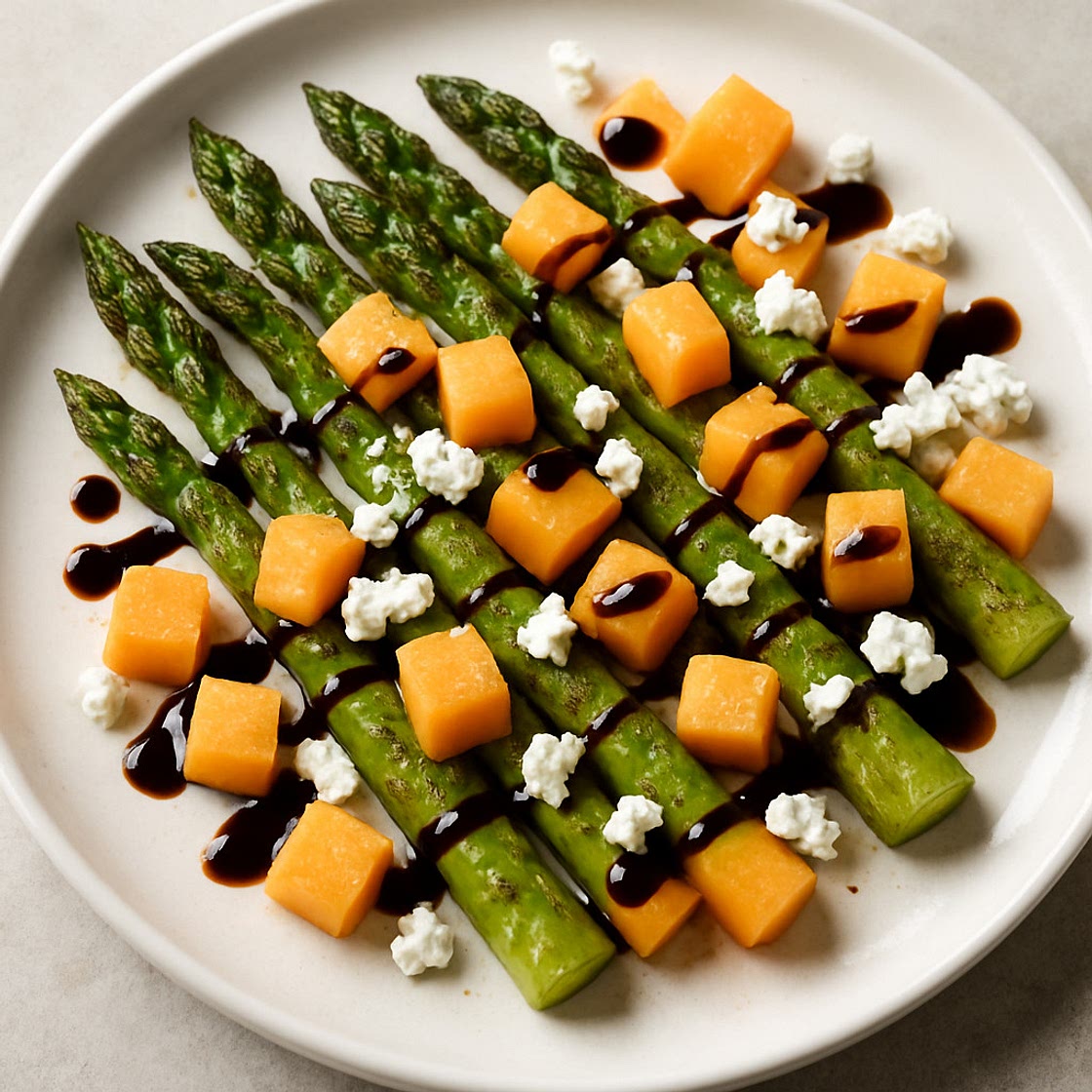 Roasted asparagus with cantaloupe, feta cheese, and a balsamic glaze