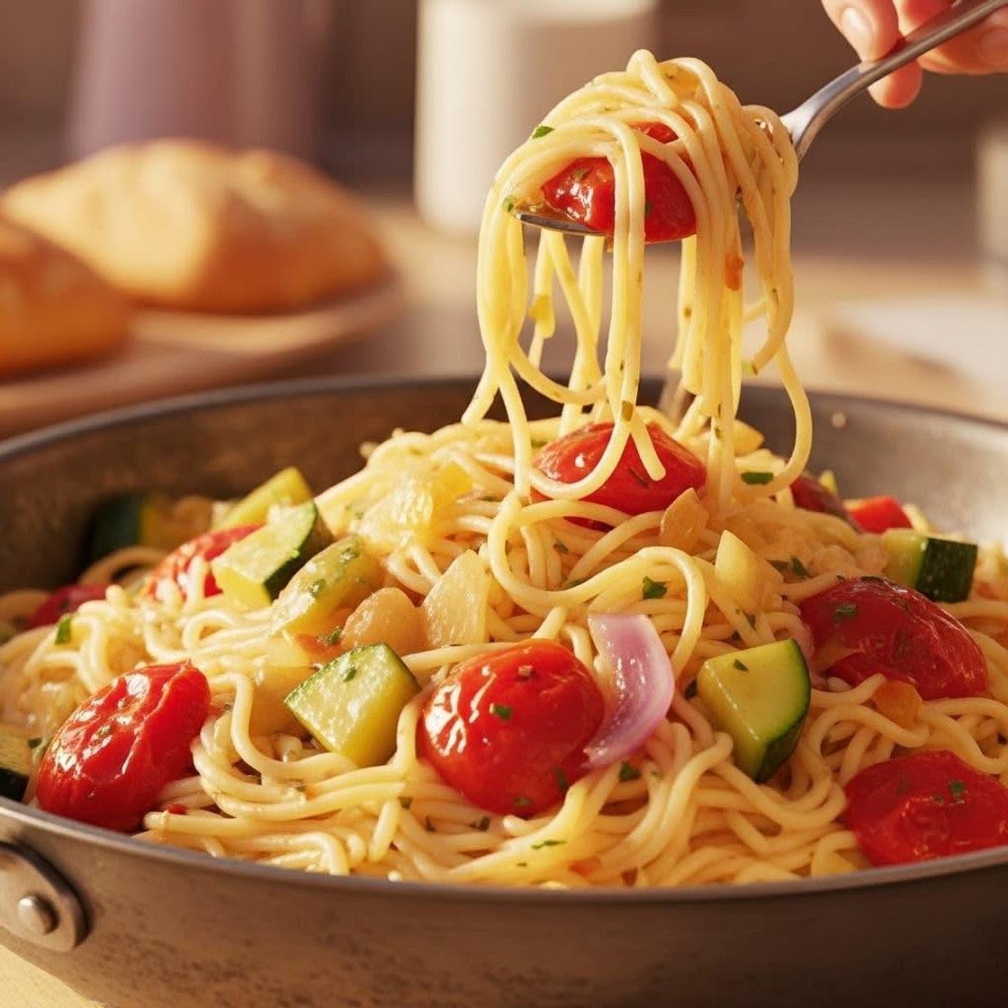 Spaghetti al Vino Bianco Piccante con Verdure dell’Orto