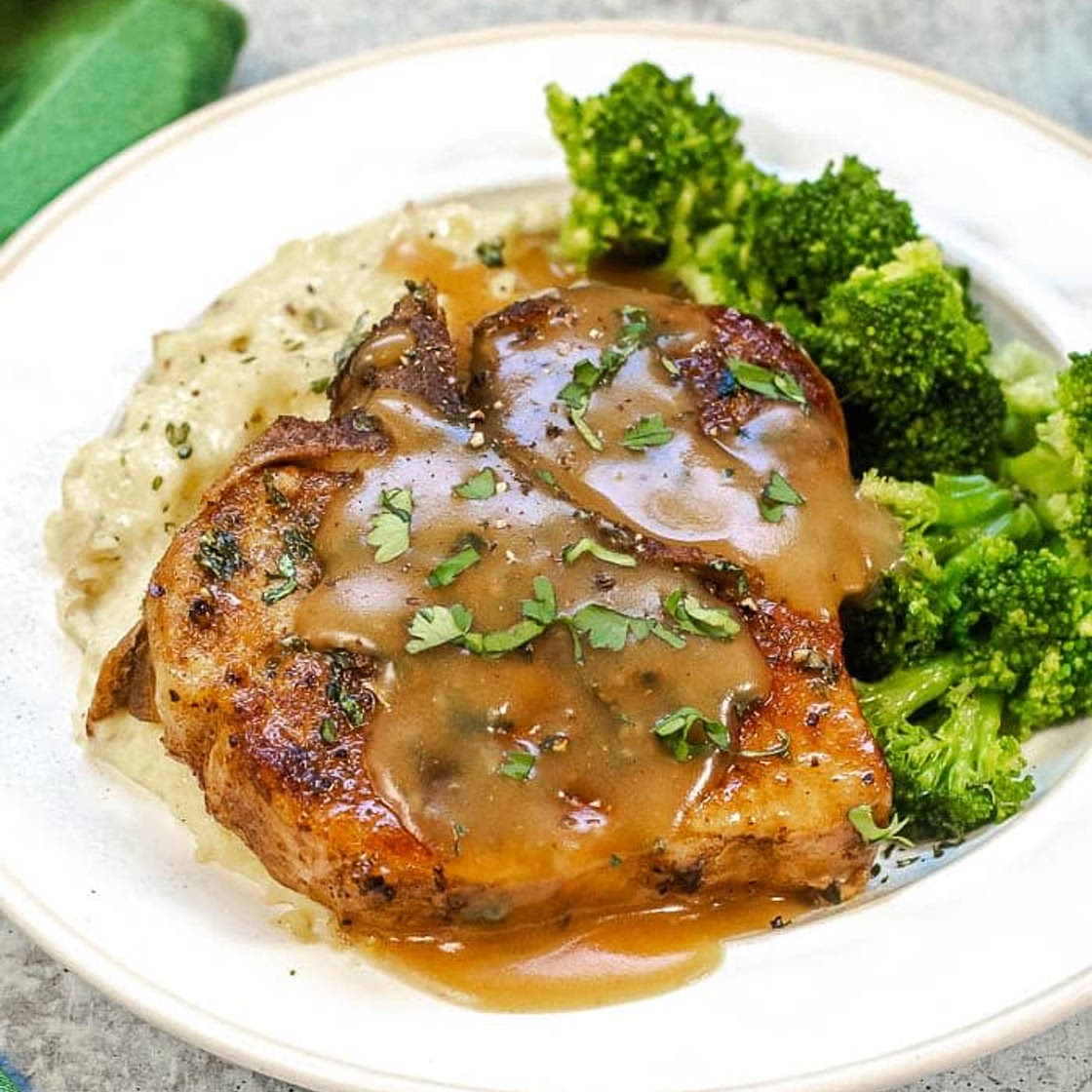 Smothered Pork Chops with Broccoli, Mushrooms and Mashed Potatoes
