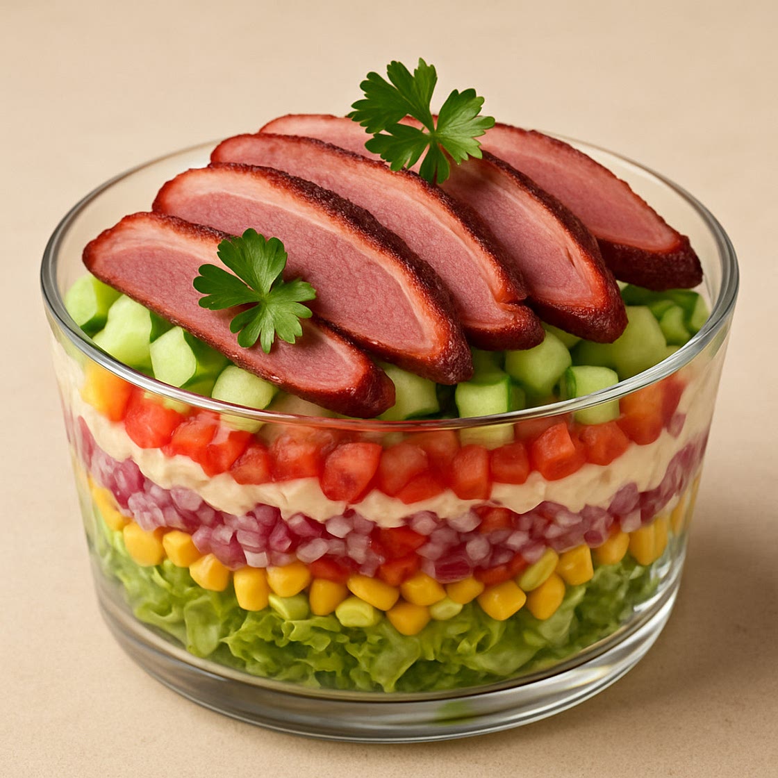 Herzhafter Schichtsalat mit geräucherter Entenbrust