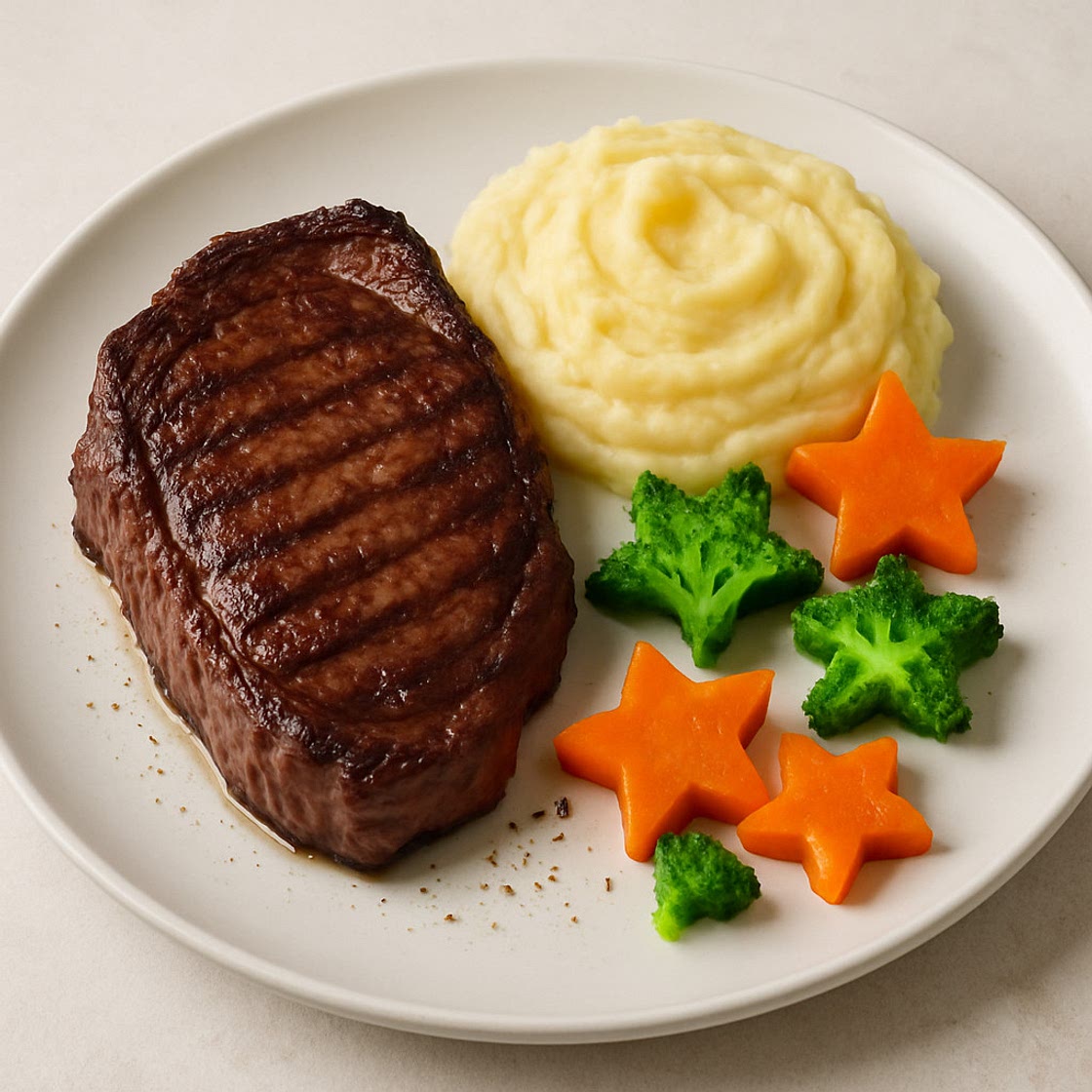 Gebratenes Entrecôte mit Kartoffel-Purée und Gemuse-Sterne