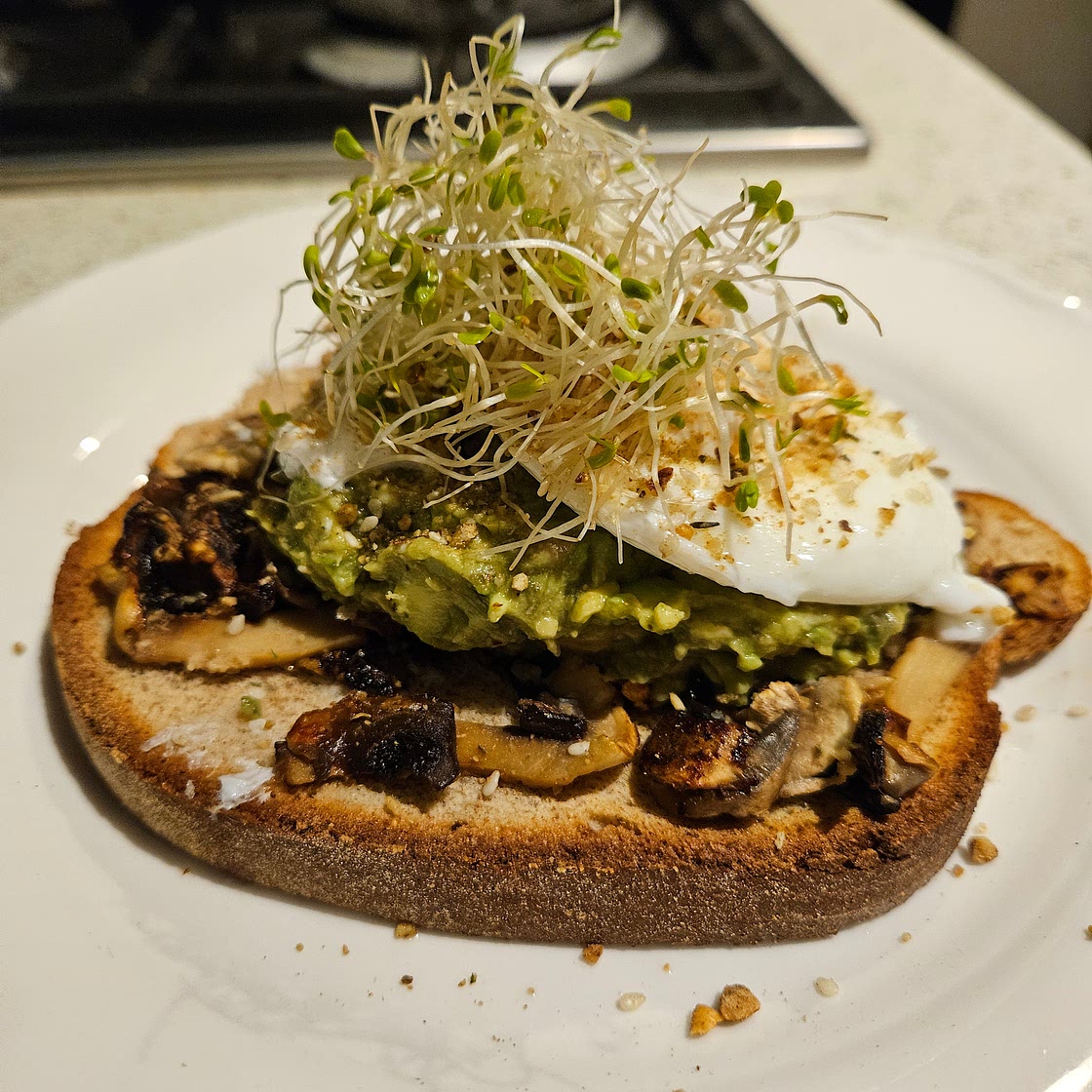 Smashed Avo and Mushroom Open Sandwich