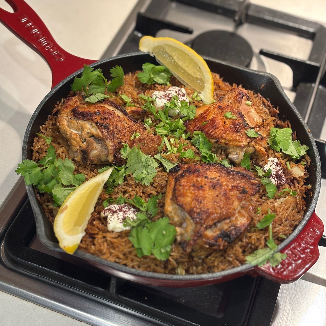 One Skillet Oven Baked Chicken Shawarma and Rice Pilaf