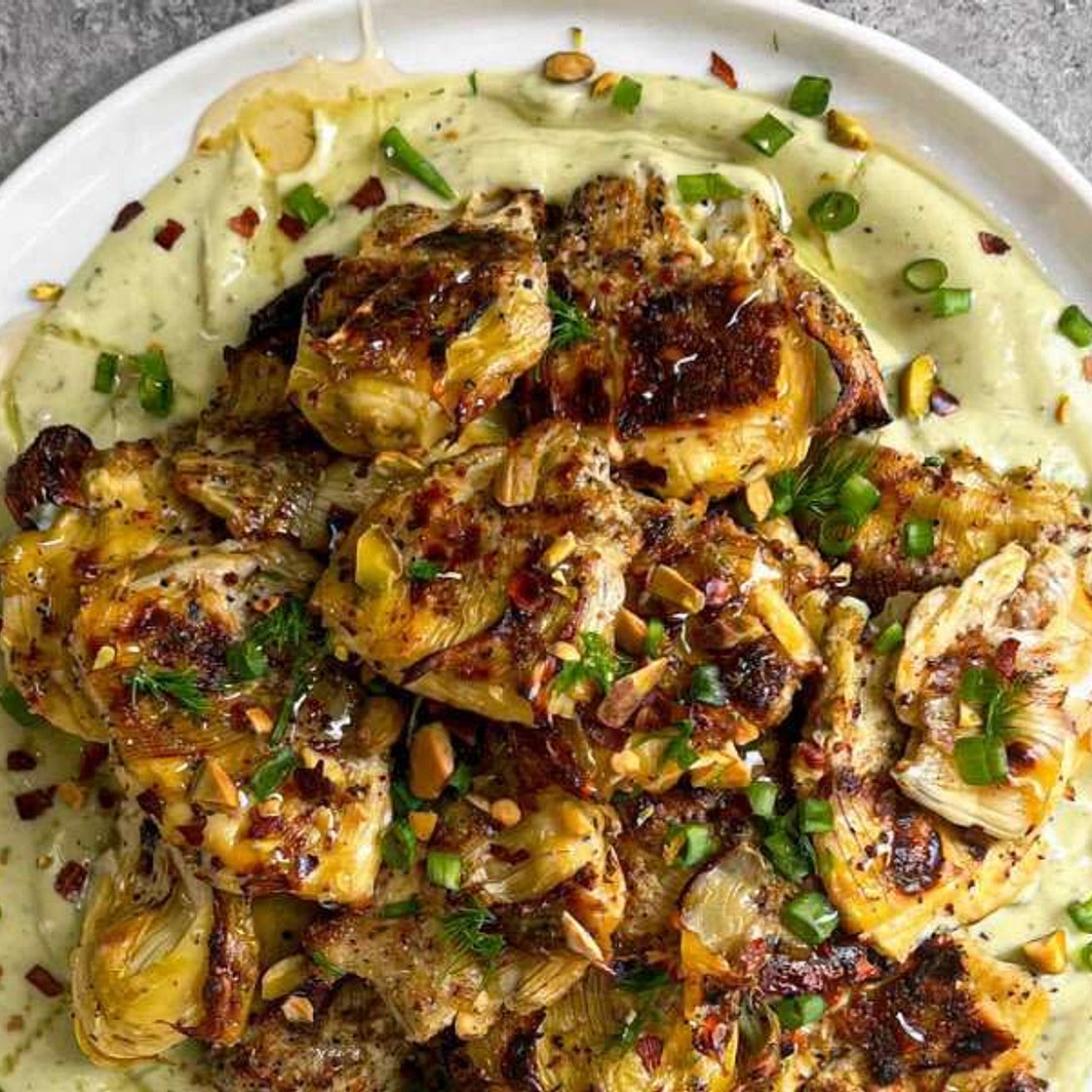 Smashed Artichokes With Lemon-Caper Avocado Cream