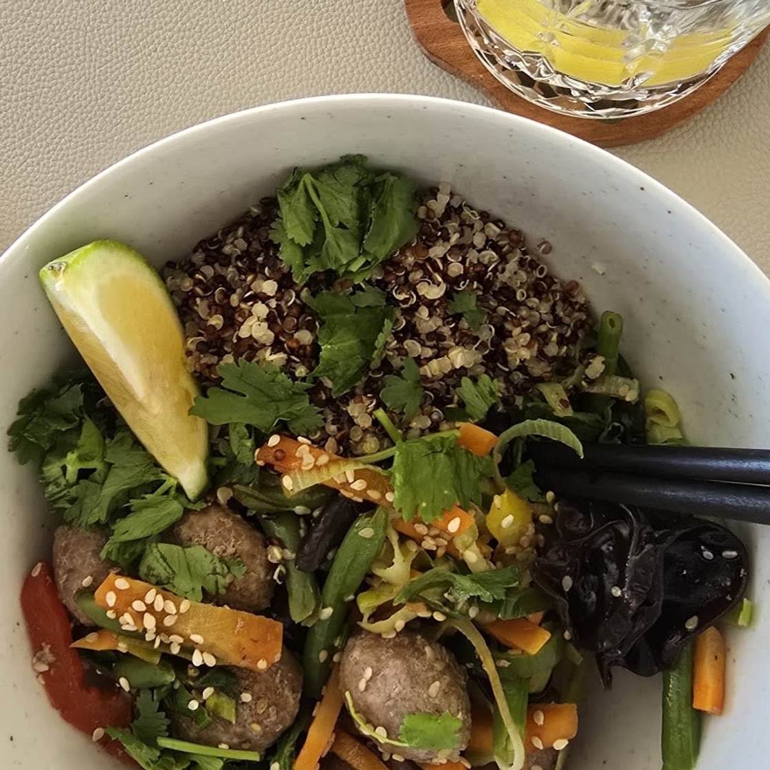 Korean Beef Bibimbap with Zucchini, Mushrooms, and Carrot