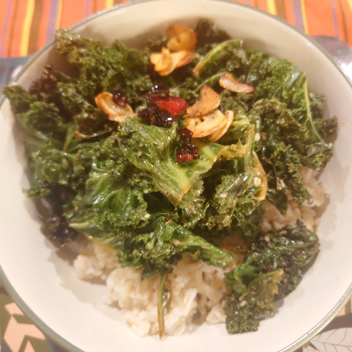 Stir fried kale with tahini, chilli and soy