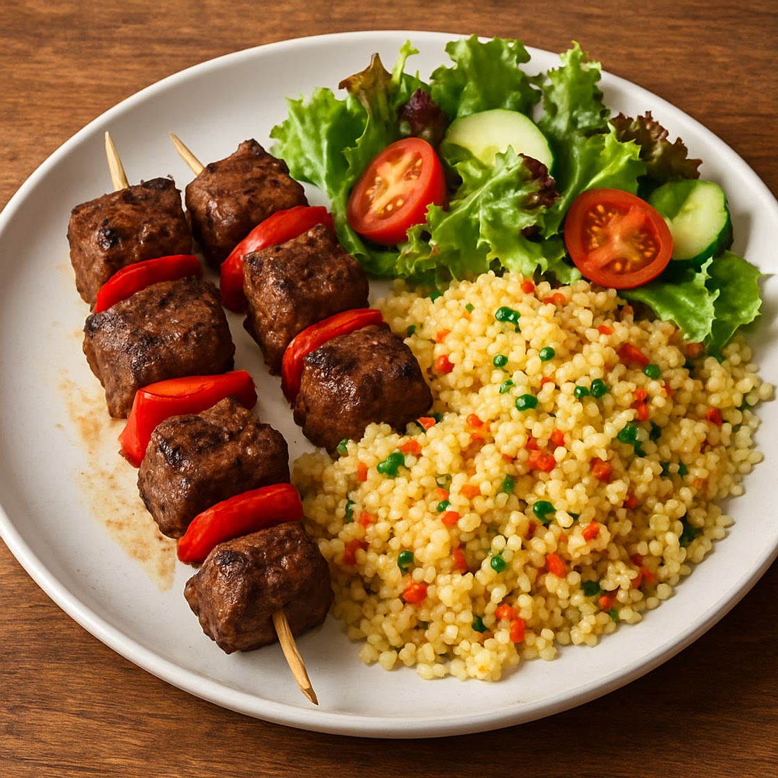Rindfleisch Spiesse mit Couscous und Salat