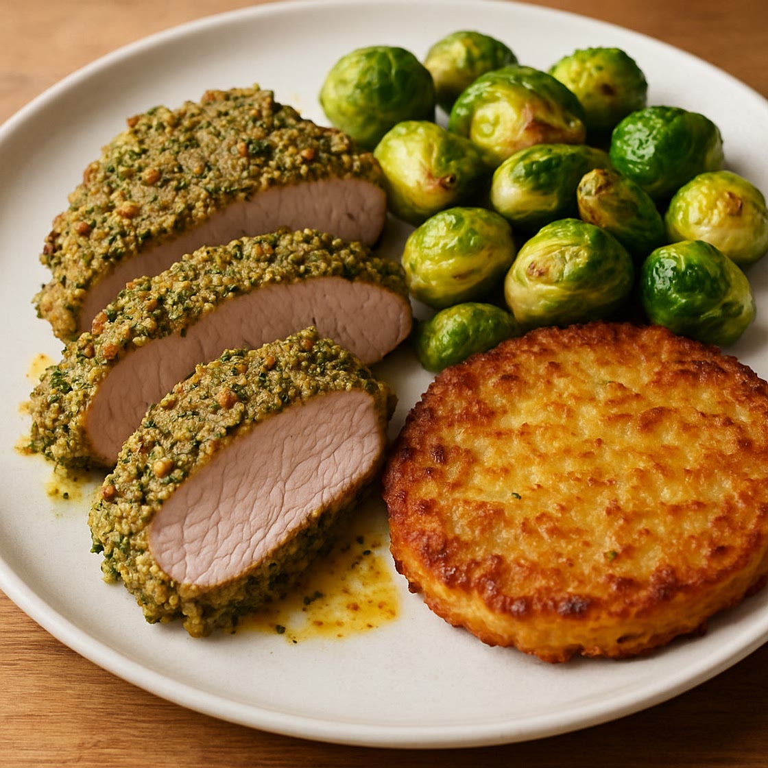 Schweinefilet in Kräuter Senf Kruste mit Rosenkohl und Rösti