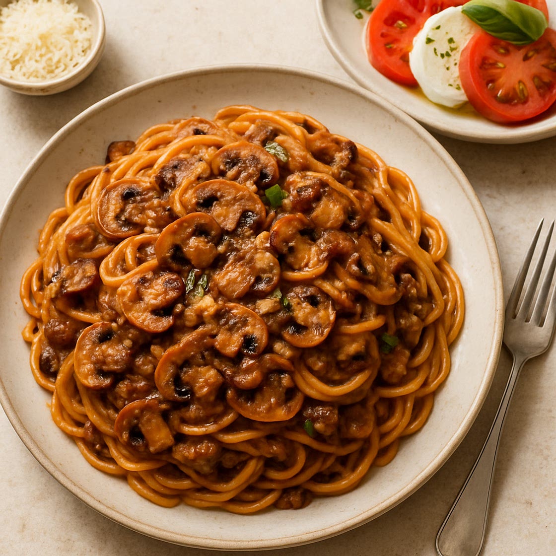 All-in-One Mushroom Ragu Spaghetti with Caprese Salad