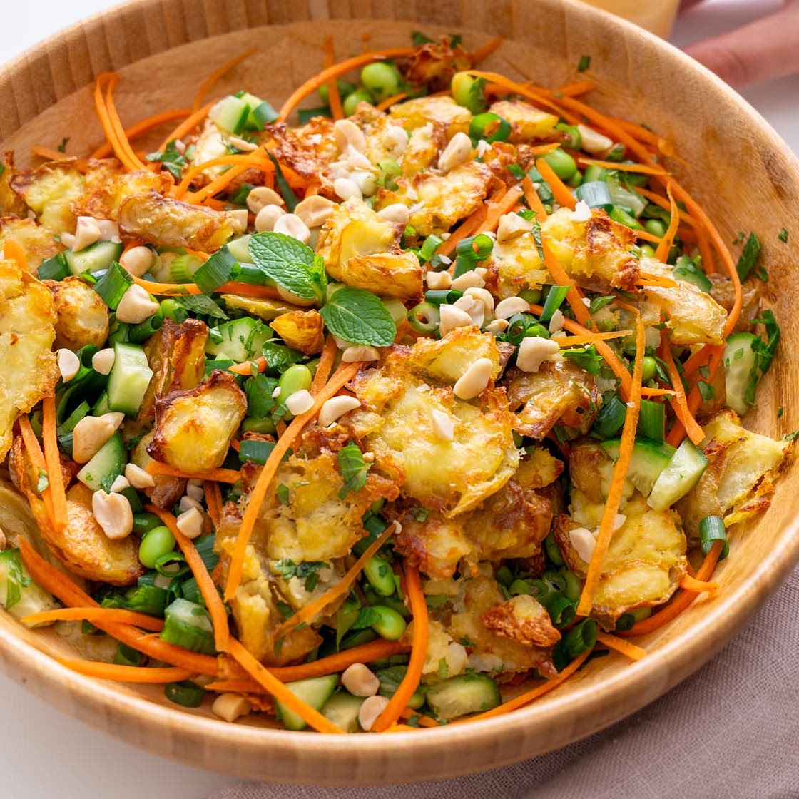 Crispy Potato Salad with Spicy Peanut Sauce