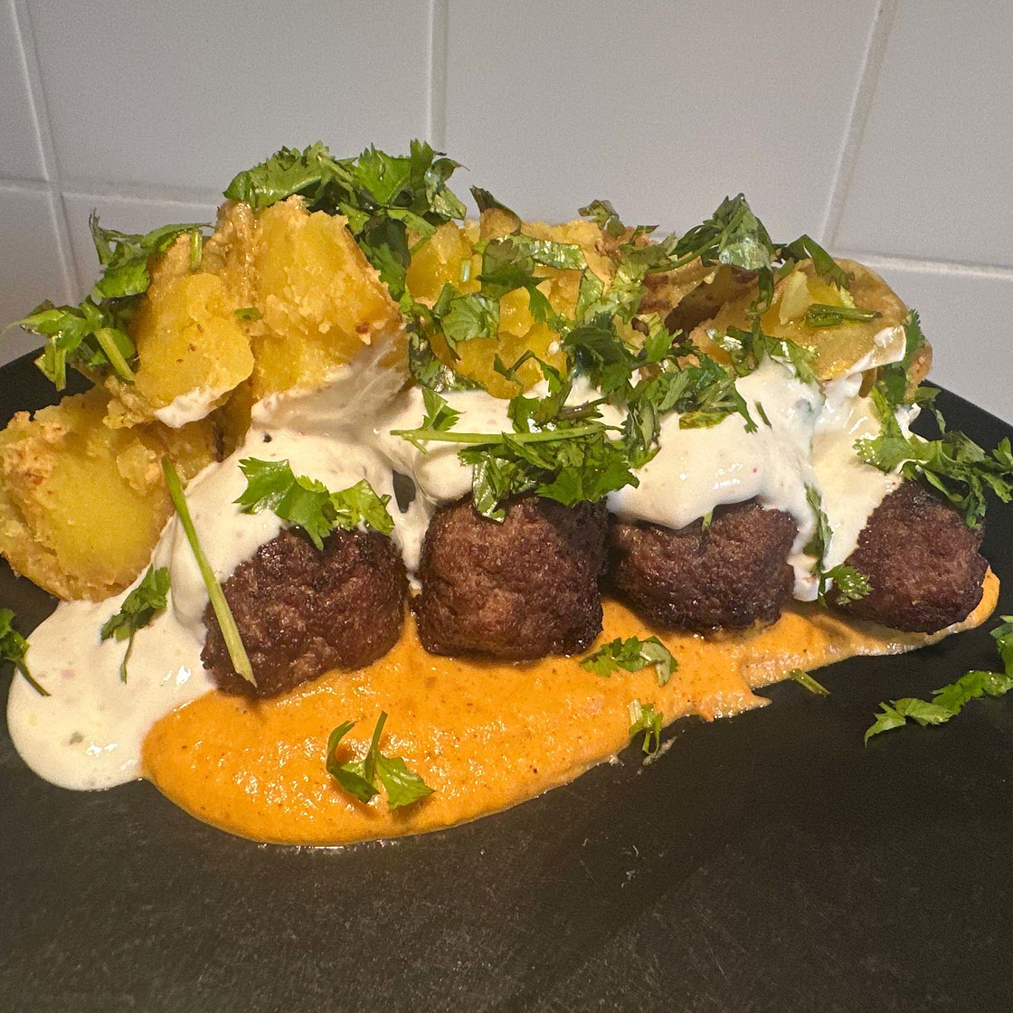 Roasted Eggplant & Lamb Meatballs with Tomatillo-Pepper Sauce an
