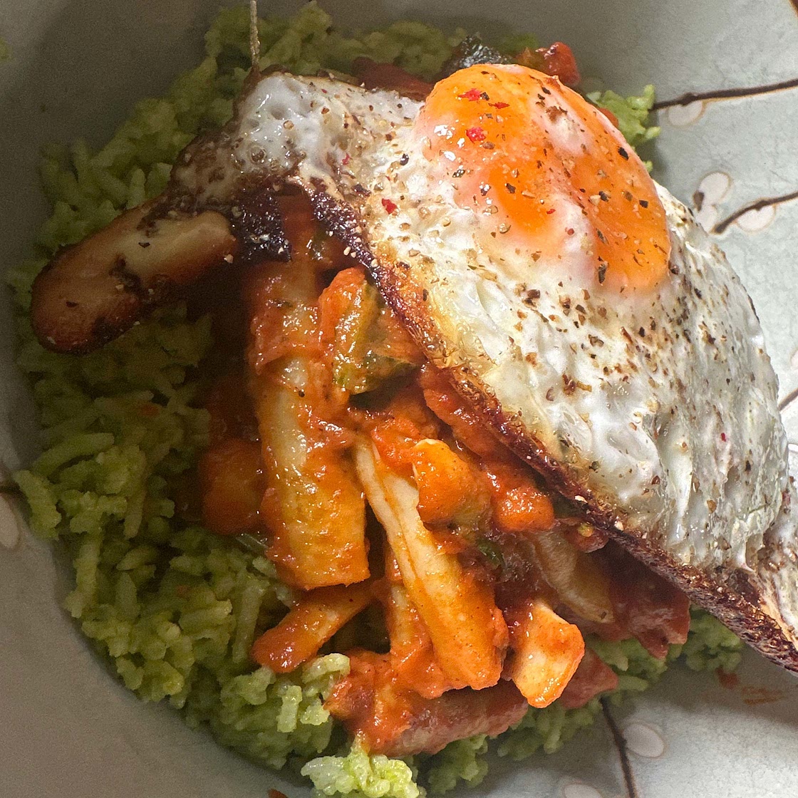 Green Rice with NZ Spinach, Yellow Beans, Crispy Egg & Lemon-Coriander Dressing