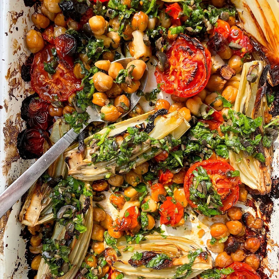 Roast Fennel, Tomatoes + Chickpeas with a Herby, Black Olive Vinaigrette