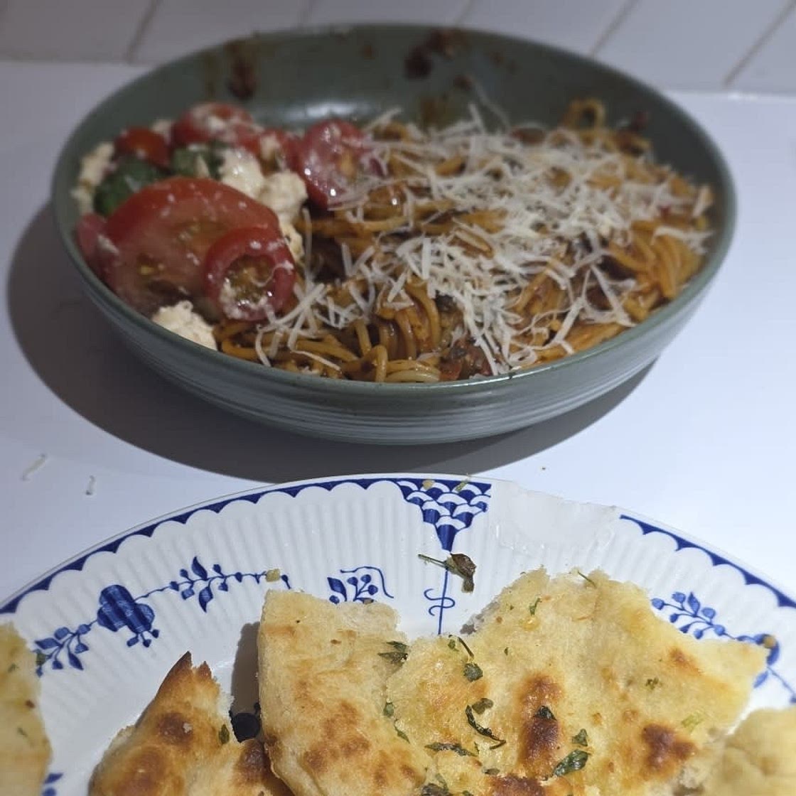 All-in-One Mushroom Ragu Spaghetti with Caprese Salad