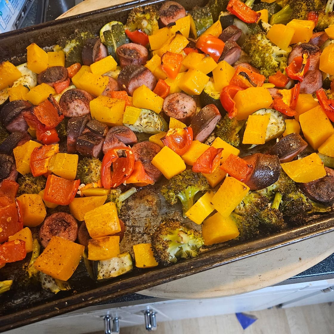 Keto Sheet Pan Sausage and Veggies