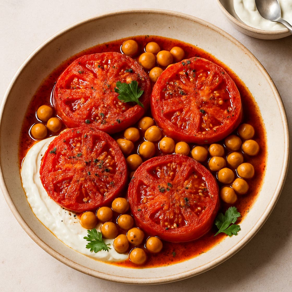 Israeli-Spiced Tomatoes, Yogurt Sauce, and Chickpeas