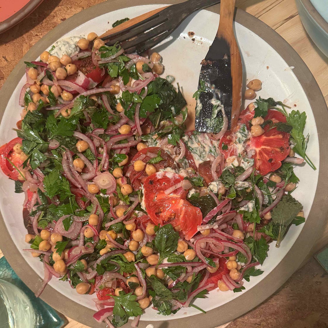 Israeli-Spiced Tomatoes, Yogurt Sauce, and Chickpeas