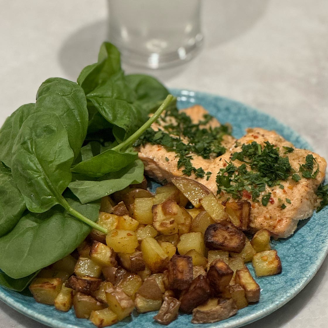 One Sheet-Pan Garlic Butter Salmon + Red Potatoes