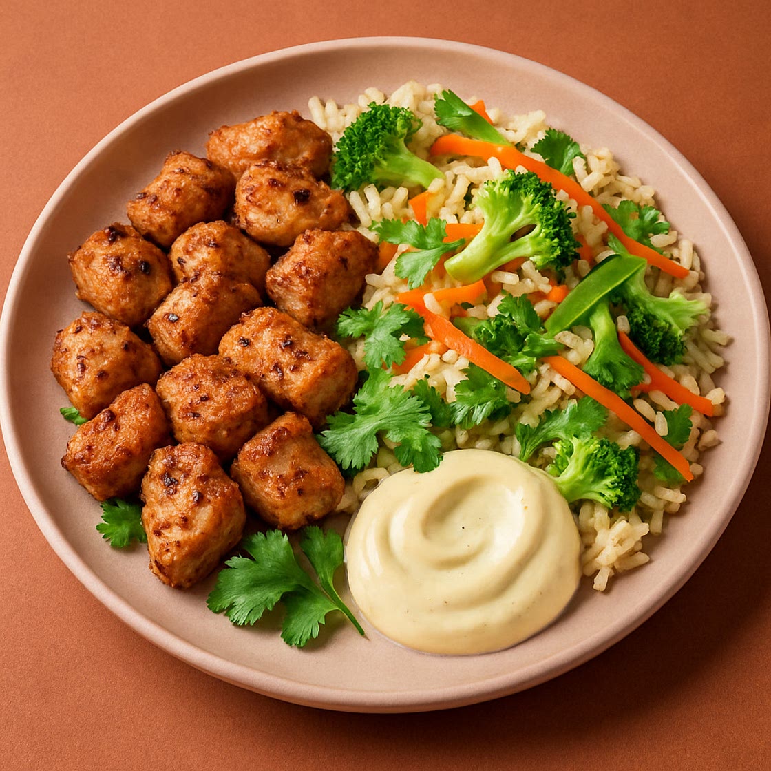 Salt-Pepper Chicken & Asian Veggie Rice with Garlic Aioli & Coriander