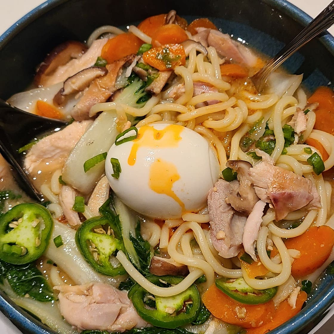 Miso Ramen Noodle Soup with Vegetables and Chicken