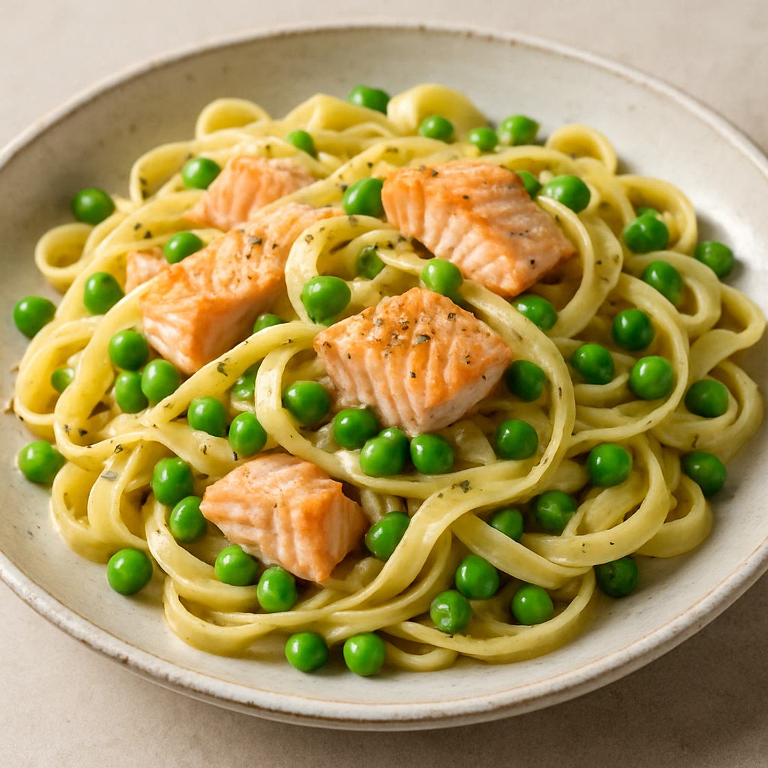 Lachs-Pasta mit Erbsen