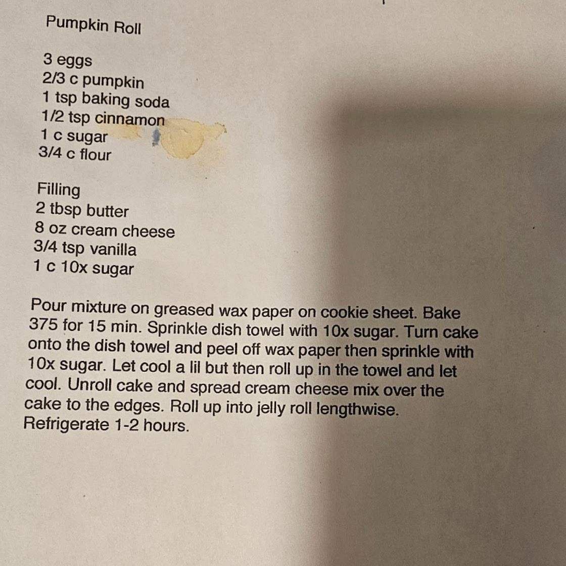 Spease Pumpkin Roll Recipe