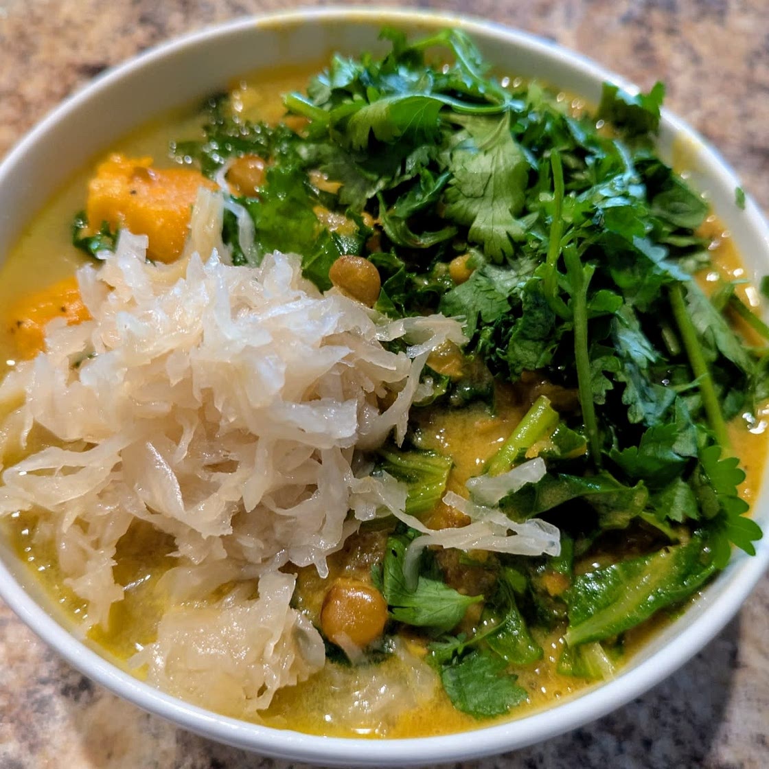 Ginger Sweet Potato and Coconut Milk Stew with Lentils and Kale