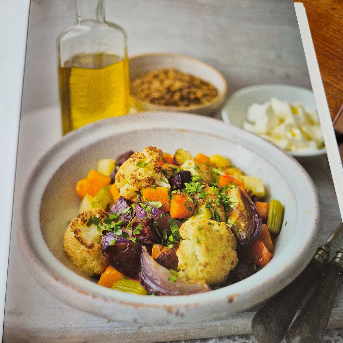 Roasted winter vegetables with spiced lentils and feta