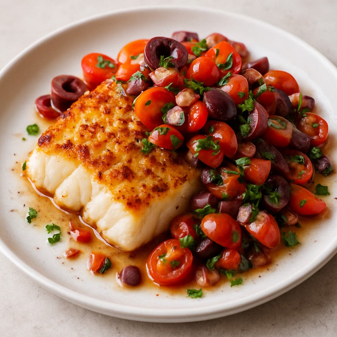 Garlic-Infused Cod with Tomato-Olive Salsa