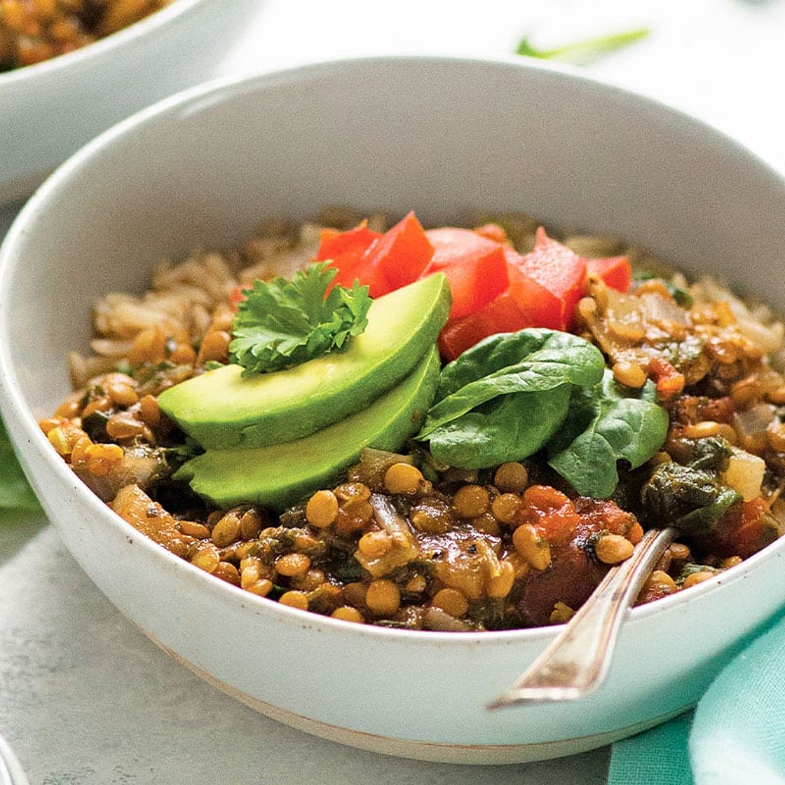 Lentils With Tomatoes & Spinach Over Rice
