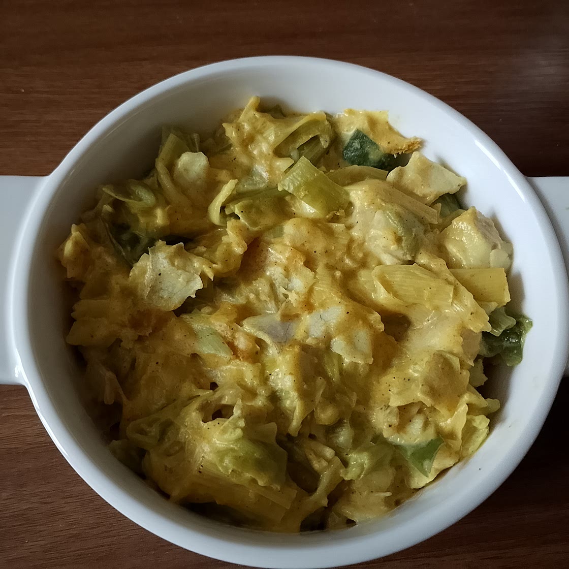 Gratin de cabillaud et poireau à la moutarde et curry