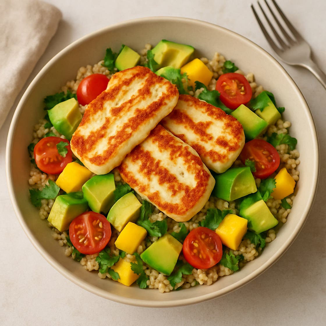 Roasted Halloumi & Bulgur Wheat Salad with Avocado, Mango