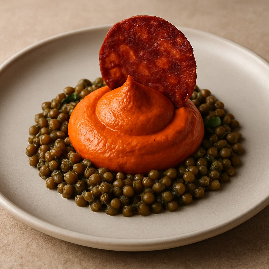 Geraucherte Paprikacreme auf Linsenbett mit Chorizo-Chip