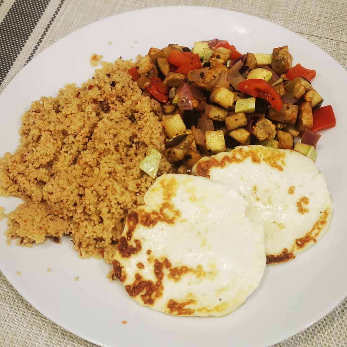 Whole-Wheat Couscous with Roasted Veg & Halloumi