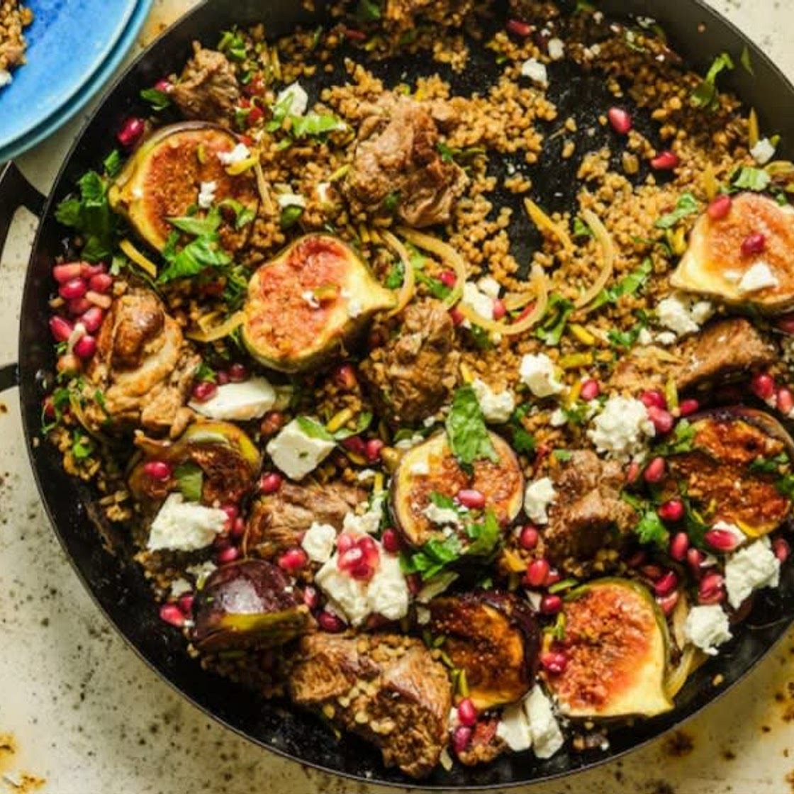 Lamb, fig and bulgur pilaf with feta and pistachios