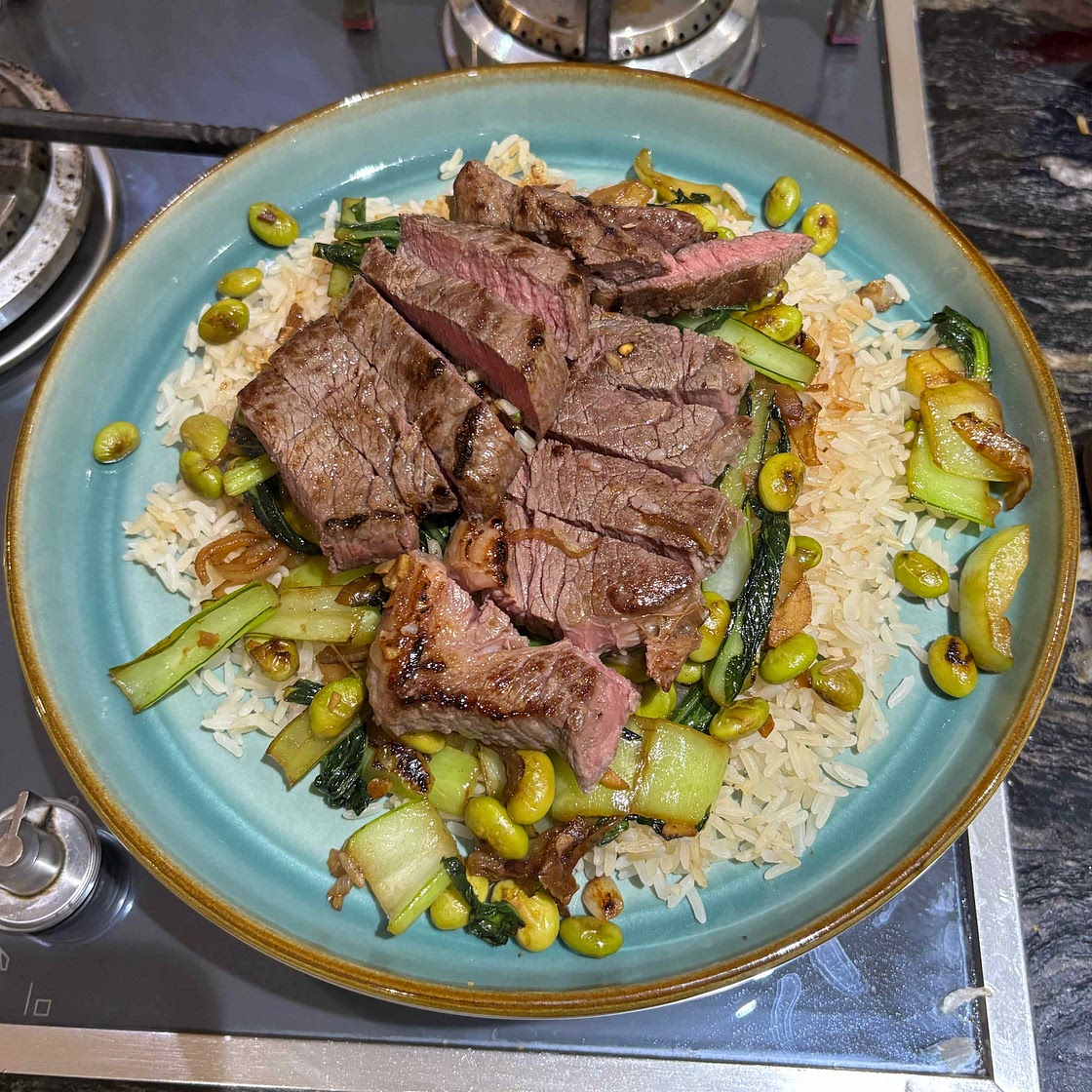 Asian Steak with Edamame, Bok Choy and Rice