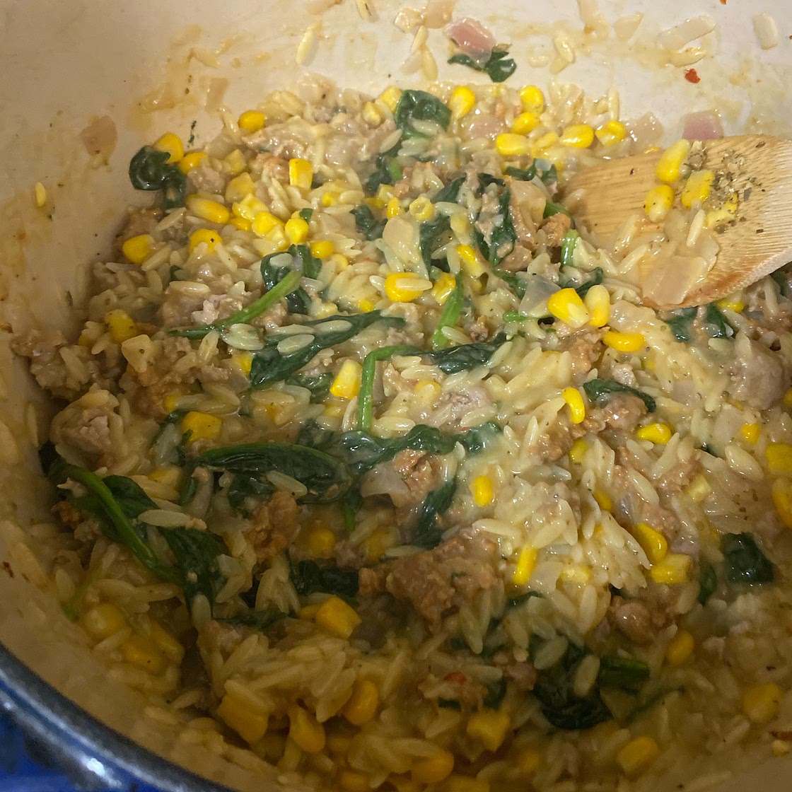 One-Pot Orzo with Sausage, Spinach and Corn
