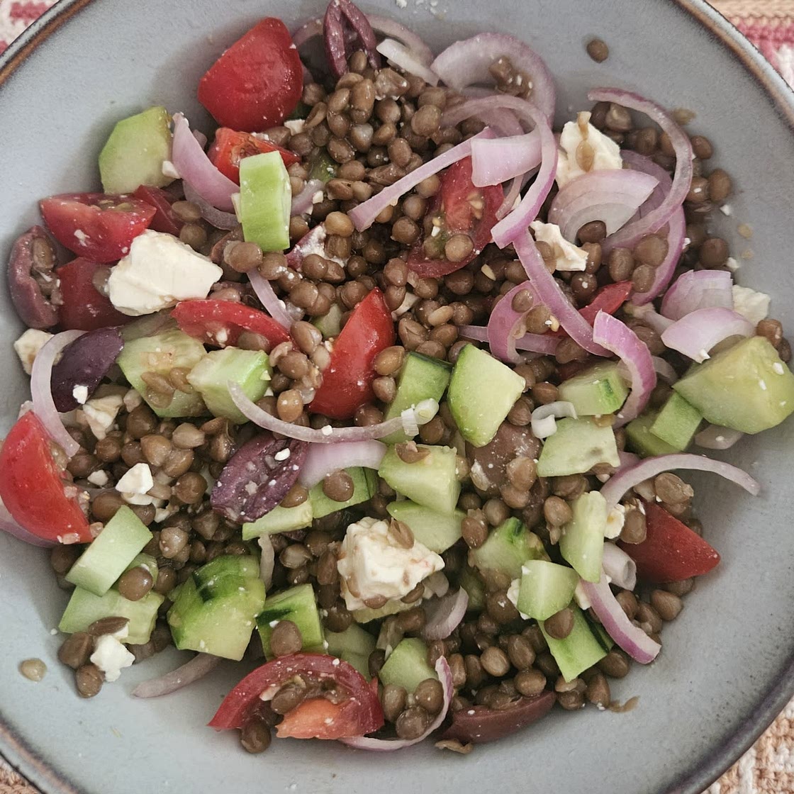 Lentil Salad with Feta, Tomatoes, Cucumbers & Olives