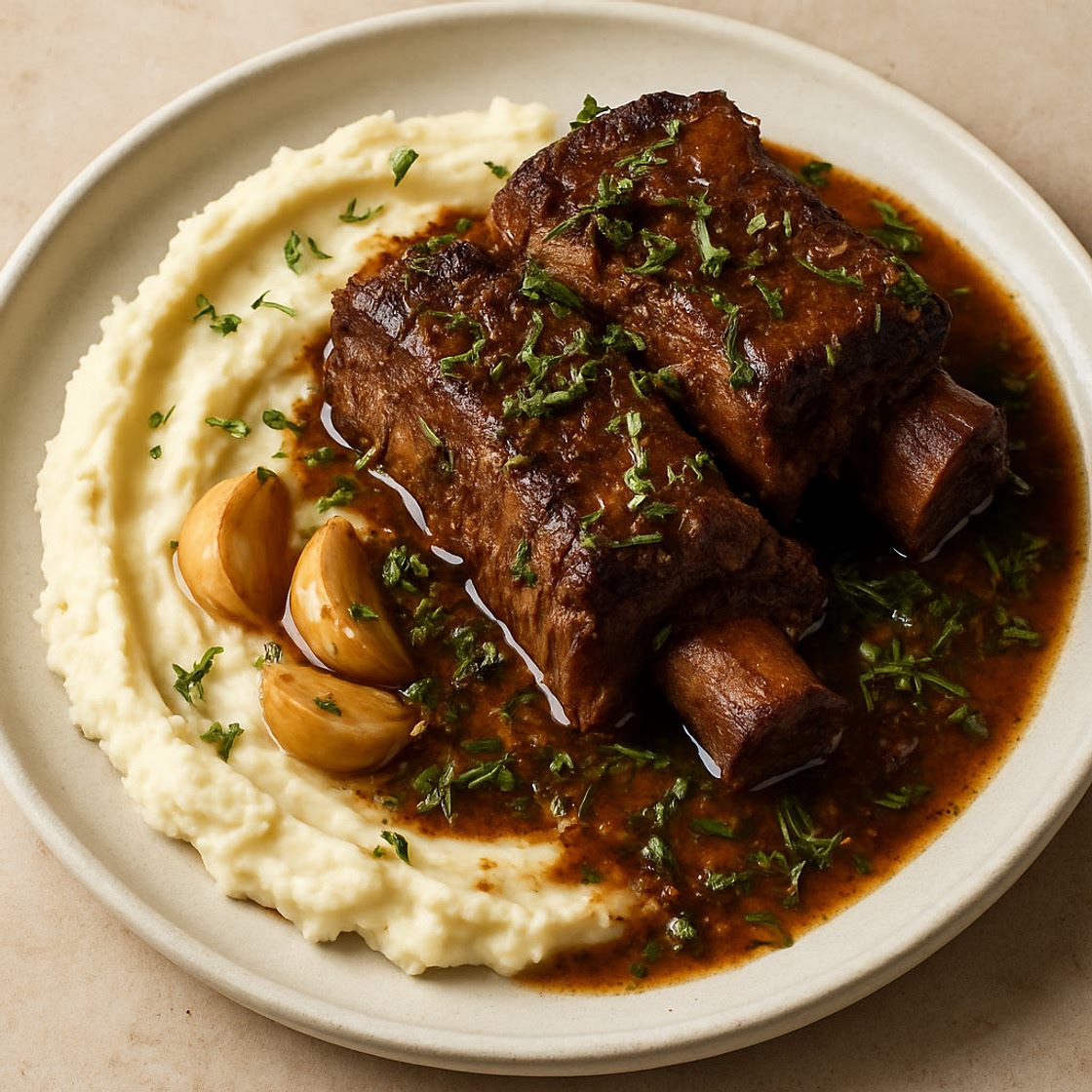 Garlic Herb Braised Short Ribs with Garlic Confit Mashed Potatoes